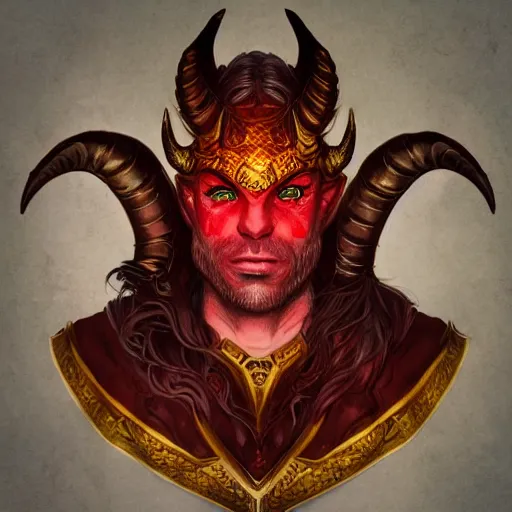 Prompt: dnd portrait of a tiefling, male, red scales, a big black beard, completely golden eyes, 2 ram horns growing out of his forehead,