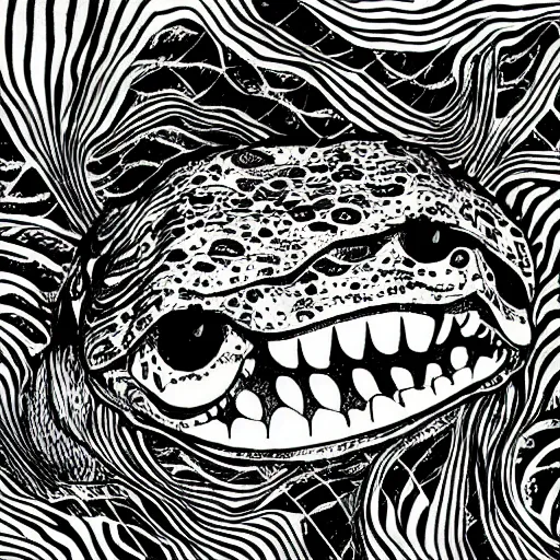 Prompt: deep camouflage angry toad evil eyes poking out eyes from under the water ultra sharp blur background simple background psychedelic contour ink drawing gustave dore cinema 4d