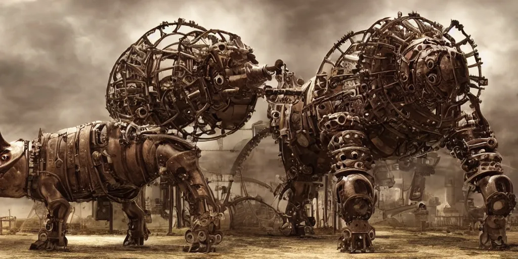 Image similar to a photo of a giant mechanical pig with gears and pistons, steam and wires, robot pig the size of a small building, in the style of a blockbuster film