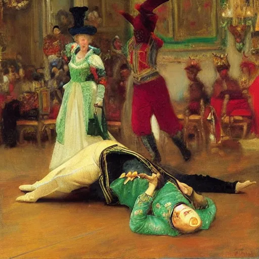 Image similar to a court jester break dancing while the queen watches in confusion and dismay. 85mm Ilya Repin, WLOP