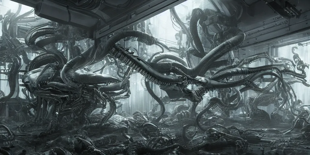 Image similar to Biolevel 4 Xenomorph experiment gone wrong in Weyland Yutani bio labs, by Chris Tulloch McCabe, realistic, detailed, trending on artstation, wallpaper, wide angle, 16mm