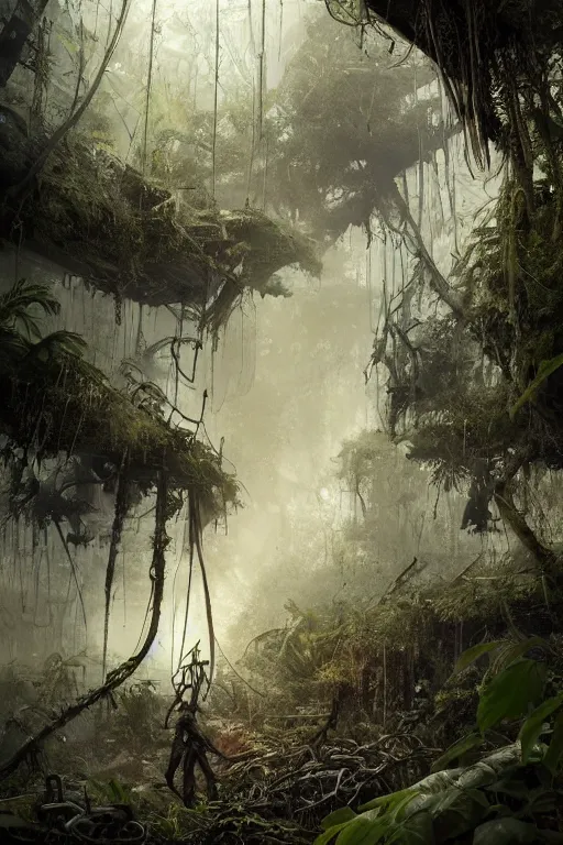 Image similar to decayed aircraft Nimitz laying on the ground overgrown with vegetation and hanging vines, post apocalyptic, tropical forest, by Luis Royo, by Greg Rutkowski, dark, gritty, intricate, cover illustration, concept art, volumetric lighting, volumetric atmosphere, sharp focus, octane render, trending on artstation, 8k,