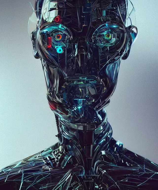 Image similar to a man turning into an Android portrait wearing a part cybernetic body, surrealism , scifi, intricate, elegant, sharp eyebrows, highly detailed cybernetic body, neon glowing eyes, digital painting, artstation, concept art, smooth, sharp focus, illustration, art by Artgerm and moebius and Peter Mohrbacher