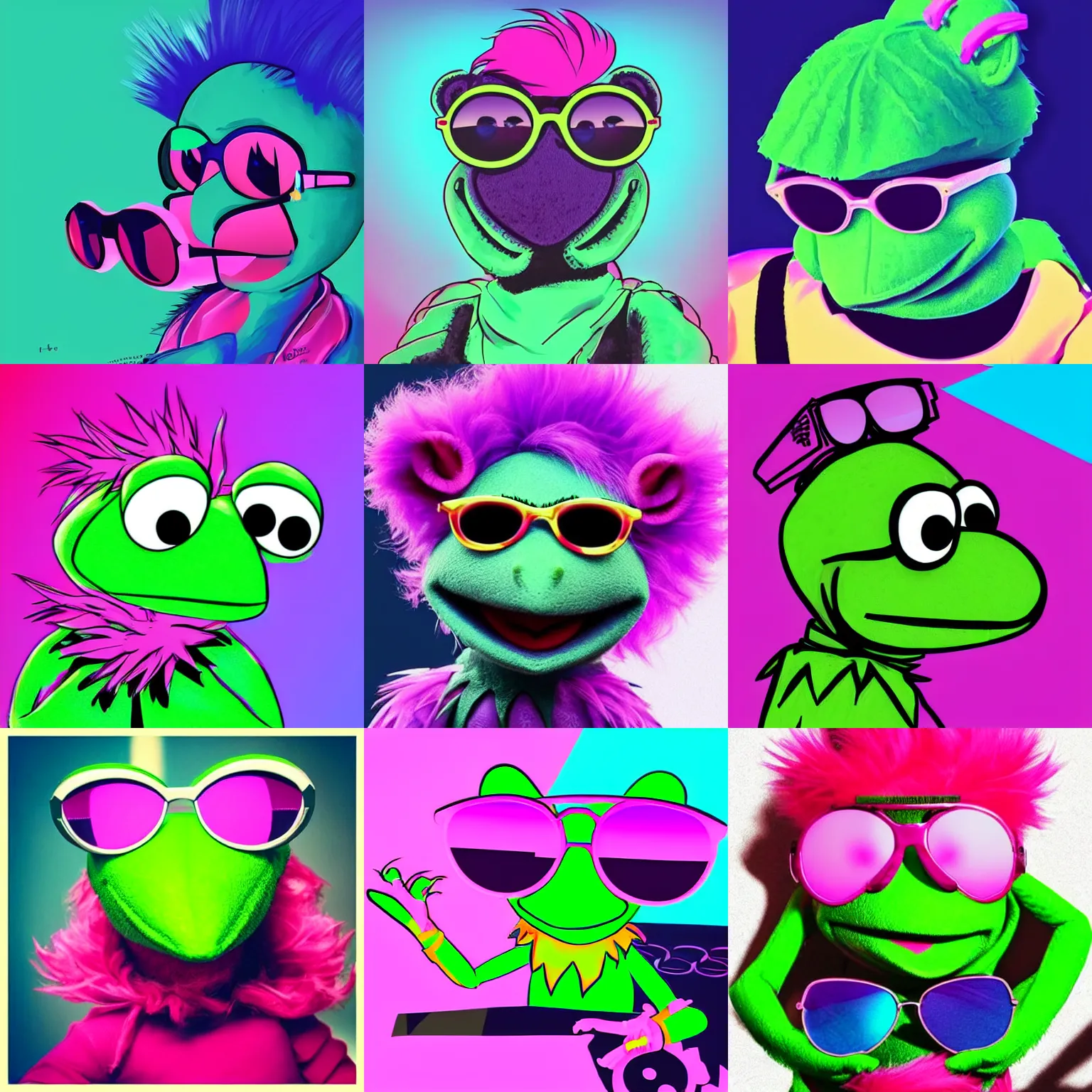 Prompt: “Kermit the Frog, pink and blue mohawk hairstyle, aviator sunglasses, synthwave style, artstation, detailed, award winning, dramatic lighting, miami vice”