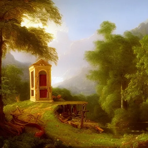 Image similar to an oil painting of a gingerbread house in the forest, by thomas cole, ivan shiskin, and james gurney