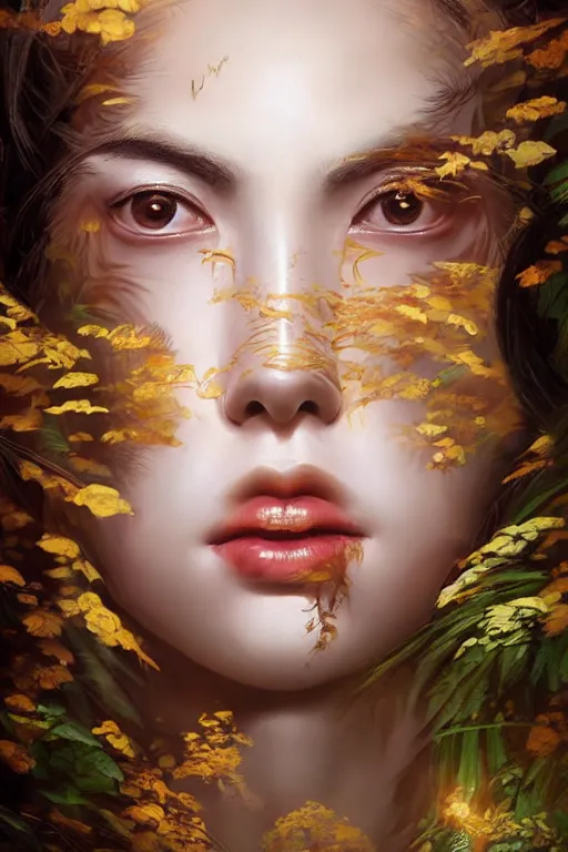 Image similar to stunningly beautiful, irish geisha prima ballerina in jungle, symmetrical face, golden hour, smooth, focus, highly detailed, hyper realistic, dramatic lighting, elegant, intricate, concept art, art by wlop, mars ravelo, greg rutowski, artstation