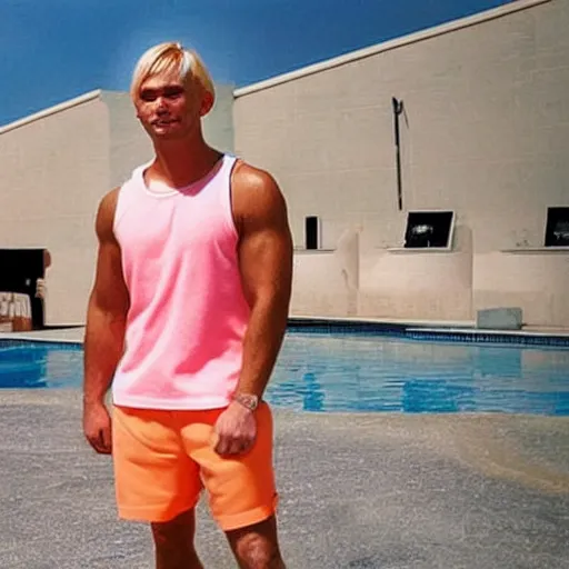 Image similar to a handsome man with blonde hair, ken, who is a male android, muscular, wearing a cut - off pink top and short light orange shorts, stands by a swimming pool