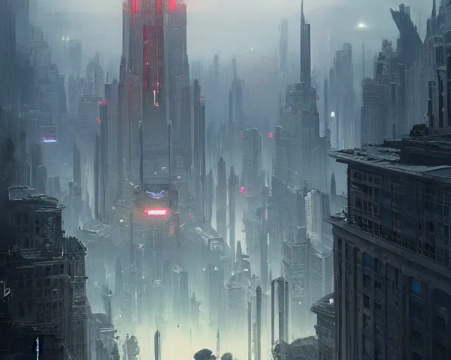 Image similar to great city being watched over by an all-seeing malevolent AI, a sci-fi digital painting by Greg Rutkowski and James Gurney, trending on Artstation, eerily beautiful, highly detailed