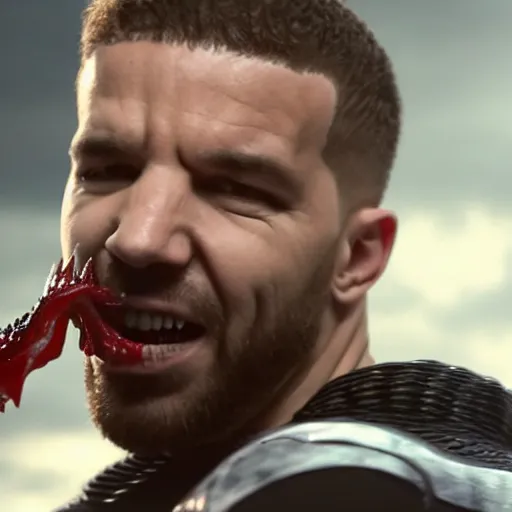 Prompt: Drake as Eddie Brock from Venom (2018), 4k, insanely detailed, teeth with small drops of red water