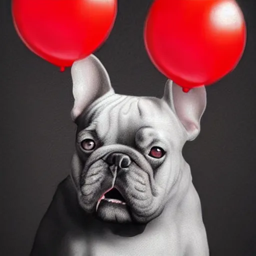 Prompt: surrealism grunge cartoon portrait sketch of a french bulldog with a wide smile and a red balloon by - michael karcz, loony toons style, pennywise style, chucky style, horror theme, detailed, elegant, intricate