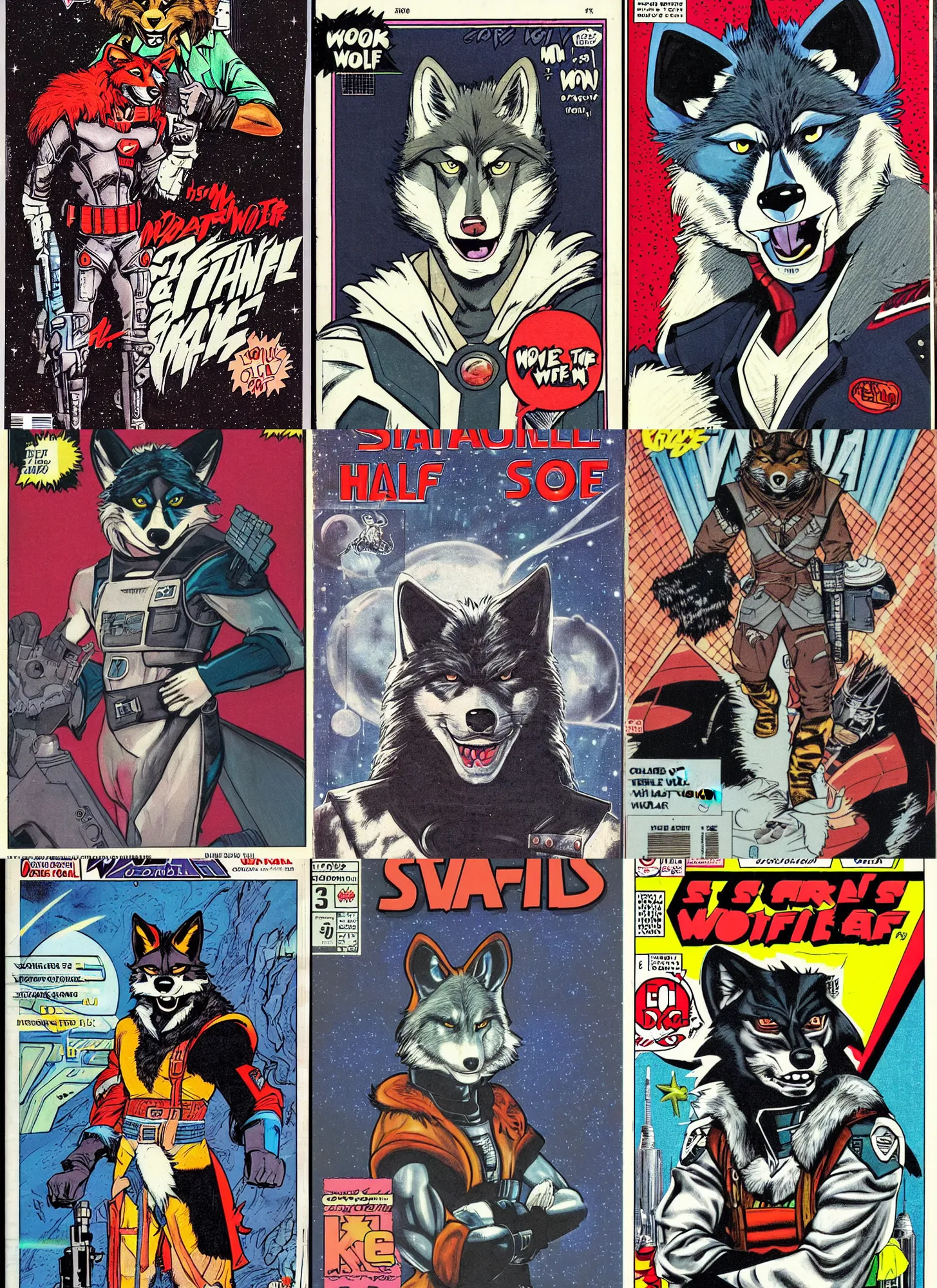 Image similar to 1 9 8 0 s comic book cover scan featuring a portrait of villain male wolf o'donnell anthropomorphic wolf furry fursona from starfox wearing a dark space mercenary uniform, dark grey wolf, handsome eyes, wolf o'donnell