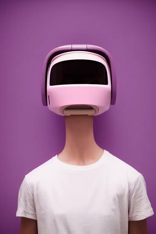 Prompt: a high definition film photograph of a normal androgynous robot human wearing a plain white t - shirt, in a pastel pink room. happy. floating visor covering eyes. crushed shadows.