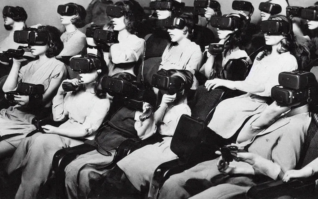 Image similar to 1 9 0 0 s photo of people using iphones ipods virtual reality headsets vr watching hd tv in a movie theater