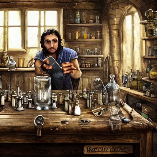 Image similar to An alchemist sitting in his workshop creating potions and formulas, style of Daniel Martin Diaz