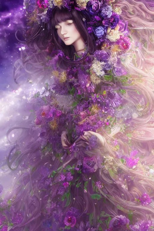 Prompt: 4k detailed portrait of a beautiful intimate woman with long purple cosmic hair and a beautiful celestial dress made of flowers, by Ayami Kojima. Anime, volumetric lighting, trending on artstation