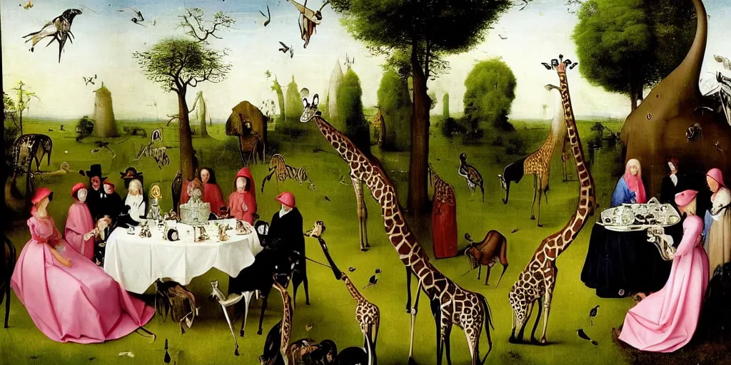 Prompt: elegant victorian tea party with giraffes in an english summer garden patio, hyper realistic hieronymus bosch - h 7 6 8