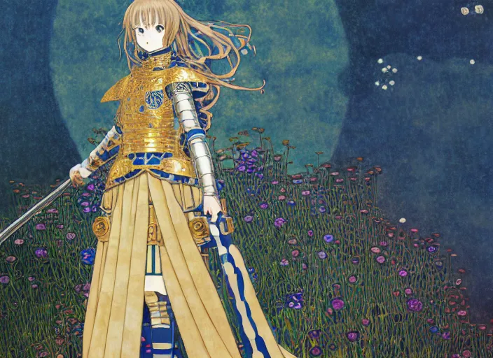 Prompt: female knight, medieval castle background, Kyoto animation,last exile, blue submarine no. 6, gustav klimt,loish, murata range, kawaii, yoshitaka amano, studio lighting, manga, bright colors, beautiful,35mm lens, vibrant high contrast, mucha, gradation, jean giraud, fantasy, rule of thirds, fibonacci, intricate, makoto shinkai