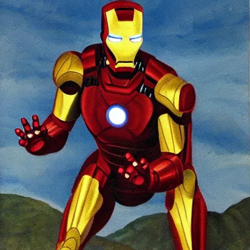 Image similar to iron man in a prehistoric painting