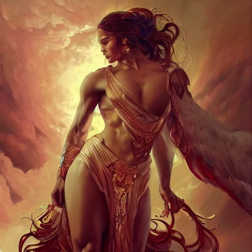 Prompt: jennifer lopez as a heavenly god, upper body, muscular, fantasy, intricate, elegant, highly detailed, digital painting, artstation, concept art, smooth, sharp focus, illustration, art by artgerm and greg rutkowski and alphonse mucha