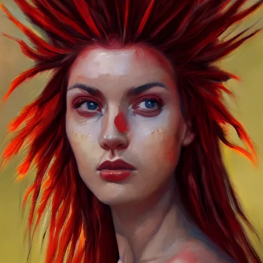 Prompt: a portrait of an intensely lit scutigera girl modeling, red, oil painting, pale colors, high detail, 8 k, wide angle, trending on artstation,