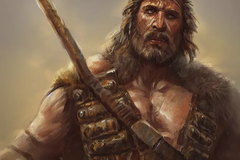 Image similar to a full body fantasy portrait oil painting illustration of a single rugged stoic barbarian man by Justin Sweet with face and body clearly visible, d&d, rpg, forgotten realms, artstation trending, high quality, sombre mood, artstation trending, muted colours, no crop, entire character,