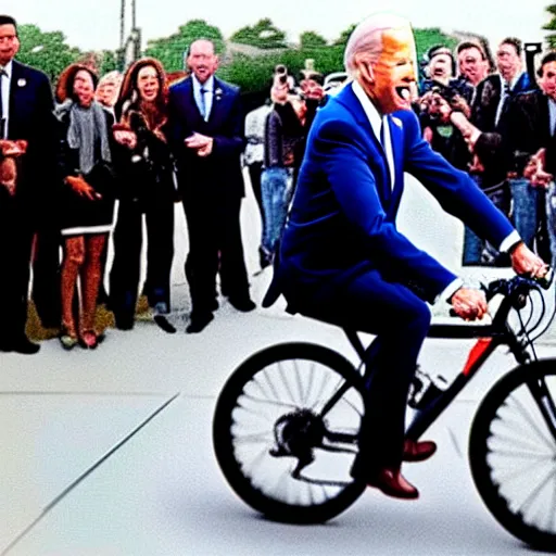 Image similar to ultra realistic photo of joe biden falling off of his bike, film, perfect face, in the style of a candid photo, perfect face