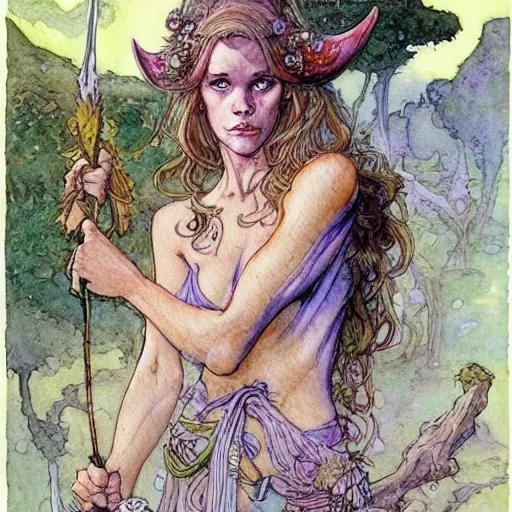 Image similar to a realistic and atmospheric watercolour fantasy character concept art upper body image of a young jane fonda in her 2 0 s posing as a druidic warrior wizard looking at the camera with an intelligent gaze by rebecca guay, michael kaluta, charles vess and jean moebius giraud