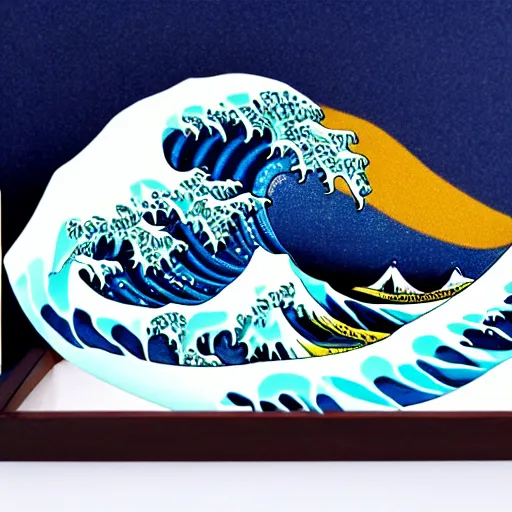 Image similar to a diorama of a wave on a table in the style of The Great Wave off Kanagawa