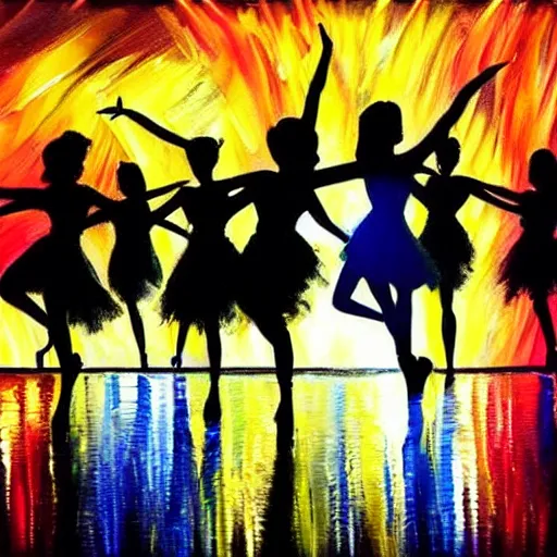 Image similar to dark dancing silhuettes in a dance club, colorful lights, dramatic lighting, a lot of energy, oil painting