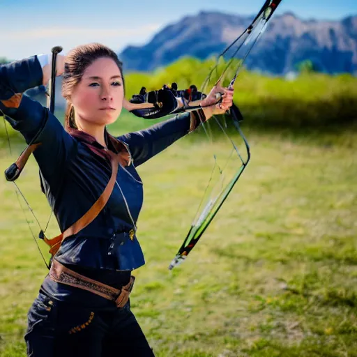 Image similar to photo realistic, consistent and highly detailed face, a attractive sports woman in archery, pointing his bow, uhd 8 k, highly detailed