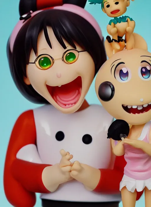 Prompt: a hyperrealistic Kotobukiya oil panting of a looney kawaii vocaloid figurine caricature with a big dumb goofy grin and pretty sparkling anime eyes featured on Wallace and Gromit by norman rockwell