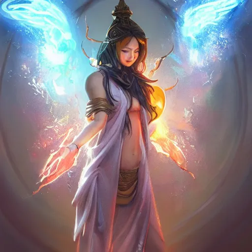 Image similar to asian goddesses representing earth, air, fire, water, and lightning, wearing modern clothing, hoodie, jean shorts, d & d, highly detailed, digital painting, artstation, concept art, sharp focus, illustration, cinematic lighting, art by artgerm and greg rutkowski and alphonse mucha