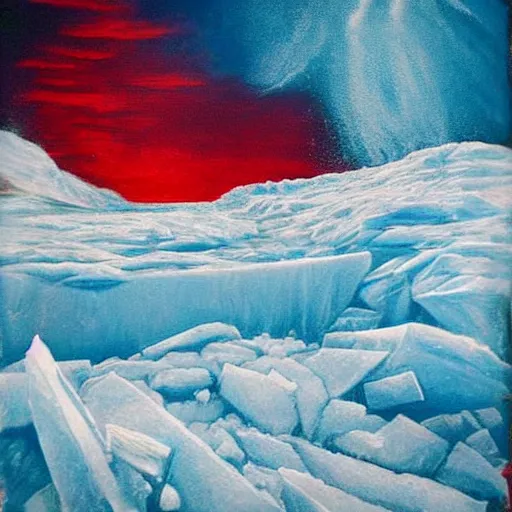 Image similar to horrific painting of an ice floe meeting magma!!!!!! in the middle, in the style of vintage photography, textured, skewed perspective, last photo ever taken, apocalyptic event, red color palette on left side and blue color palette on right side, cursed and sinister tone