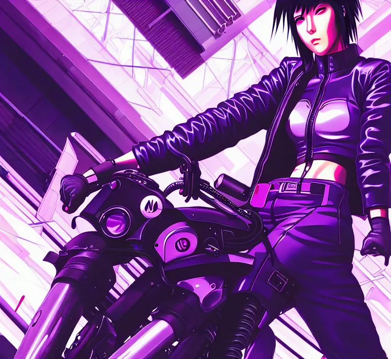 Image similar to motoko kusanagi riding a cyberpunk vehicle in a grungy cyberpunk megacity, bosozoku gang war, cyberpunk vaporwave, artgerm, sola digital arts, anti aliasing, raytracing