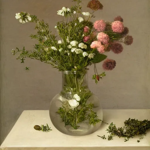 Prompt: a medium-shot neat still life with messy wild clover and thyme bouquet, in a short round glass vase, studio lightning, oil painting by Holbein, 16th century