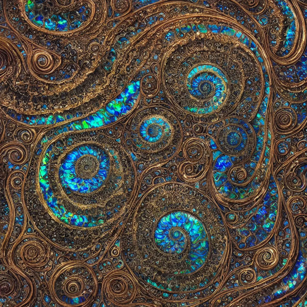 Prompt: art nouveau cresting oil slick waves, ammonite, hyperdetailed bubbles in a shiny iridescent oil slick wave, black opals, ornate copper patina spiral ornament, rococo, organic rippling spirals, hyperdetailed photorealistic ultrasharp octane render