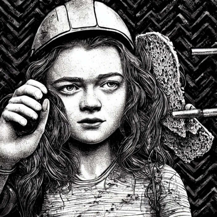 Image similar to extreme close - up on sadie sink as a miner : she lifts a slice of bread with her hand. background : black tiles on walls. black and white, pencil and ink. by gabriel hardman, joe alves, chris bonura. cinematic atmosphere, detailed and intricate, perfect anatomy