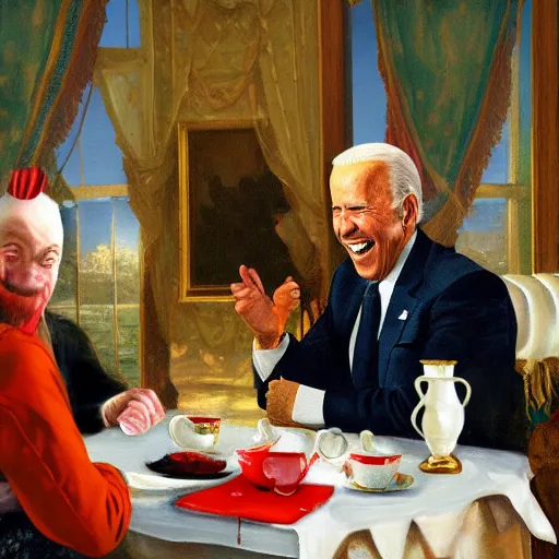 Image similar to a painting of joe biden laugh in tea party with osama bin laden, justify content center, hyper realistic content, frontal hyperdetailed realistic content, sharp focus, intricate, dynamic composition, 2 colors, baroque, delete duplicate content