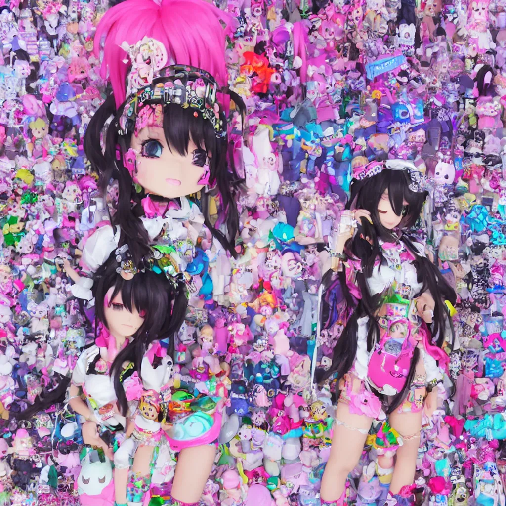 Image similar to 3 d anime render of a decora gyaru kawaii cybergoth emo fashion model vtuber, in a cyberpunk blade runner maximalist city of my melody sanrio plushies, artstation cgsociety