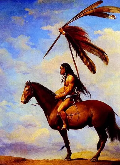 Image similar to powerful native american warrior!! beautiful native american sitting on horse, nineteenth century painting, painted by frank frazetta