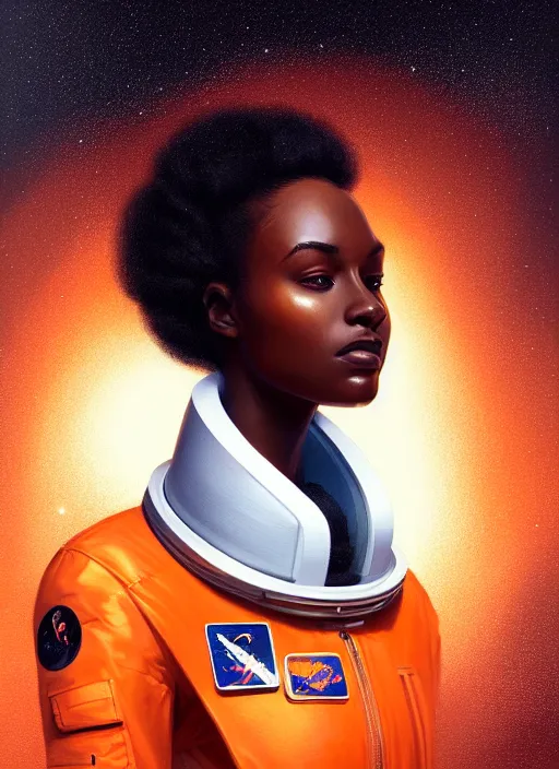 Image similar to full body portrait of young black woman as an astronaut, orange flight jumpsuit, intricate, beautiful and elegant, highly detailed, digital painting, artstation, concept art, smooth, sharp focus, illustration, art by wlop, mars ravelo and greg rutkowski