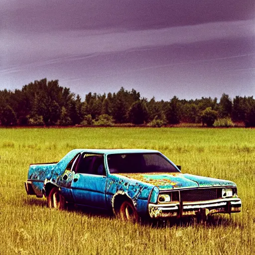 Image similar to A photograph of a rusty, worn out, broken down, decrepit, run down, dingy, faded, chipped paint, tattered, beater 1976 Denim Blue Dodge Aspen in a farm field, photo taken in 1989