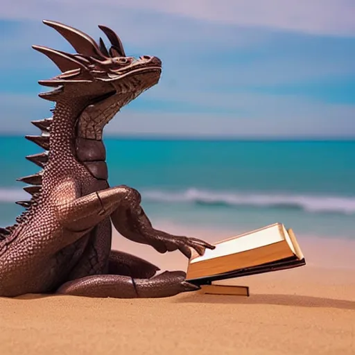 Prompt: Dragon on a beach reading a book under the stars