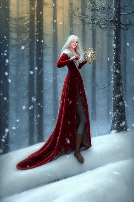 Image similar to nostalgia for a fairytale, nordic, snowing, medieval maiden dressed in furs, red velvet gown, long hair, tall and thin, illustration, dramatic lighting, soft details, painting, art nouveau, octane render, 8 k, hd, by edmund blair leighton, brom, charlie bowater, faces by otto schmidt