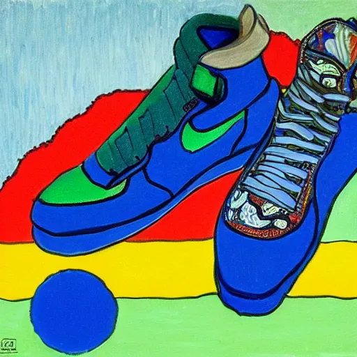 Prompt: an air force one shoe made of different materials, precious gem stones and metals and paper and smoke and rust and lava and rainbow, accurate, hyperdetailed, intricate detail, insanely detailed and intricate, in the style of Henri Matisse, edge to edge, solid color background intricate, highly detailed, smooth, sharp focus, detailed, high contrast