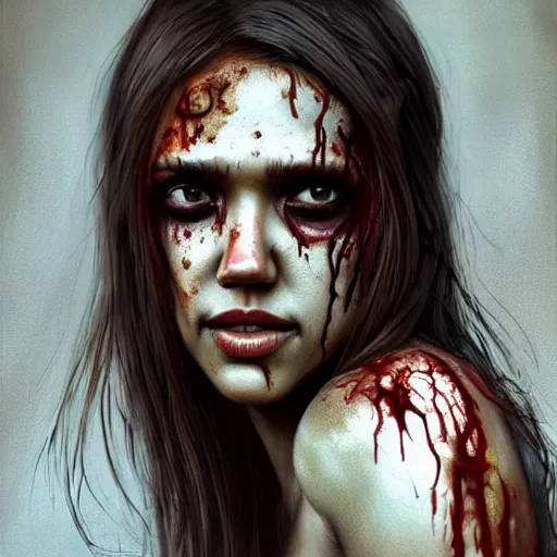 Image similar to color head portrait of jessica alba crying as a zombie, 7 days to die zombie, gritty background, fine art, award winning, intricate, elegant, sharp focus, cinematic lighting, digital painting, 8 k concept art, art by michael hussar, art by brom, art by guweiz and z. w. gu, 8 k