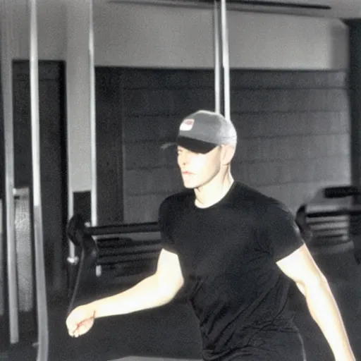 Prompt: an attractive man in a black t-shirt and wearing a black baseball cap running on a treadmill in a gym by Edward Hopper