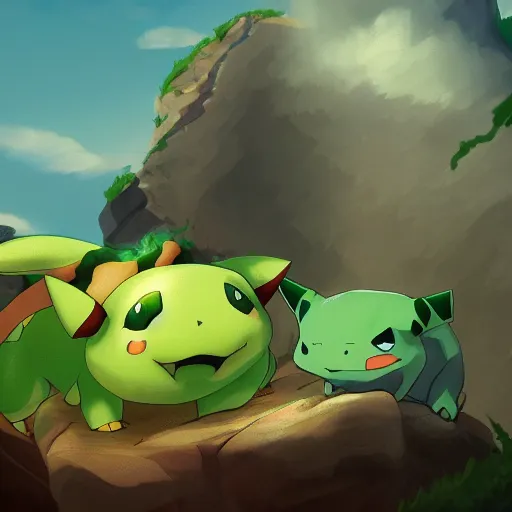 Image similar to Cinematic view of bulbasaur fighting with pikachu on a cliff, hyperdetailed, artstation, fury