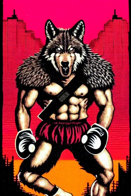 Image similar to extreme long shot. 8 bit nes graphics. 8 0's. vhs artefacts. antropomorphic muscular masculine wolf. kickboxer fighter, in shorts. wolf head. angry. fine details, very sharp, art from nes game cartridge, vaporwave style, marc simonetti and hermann nitsch and anish kapoor.