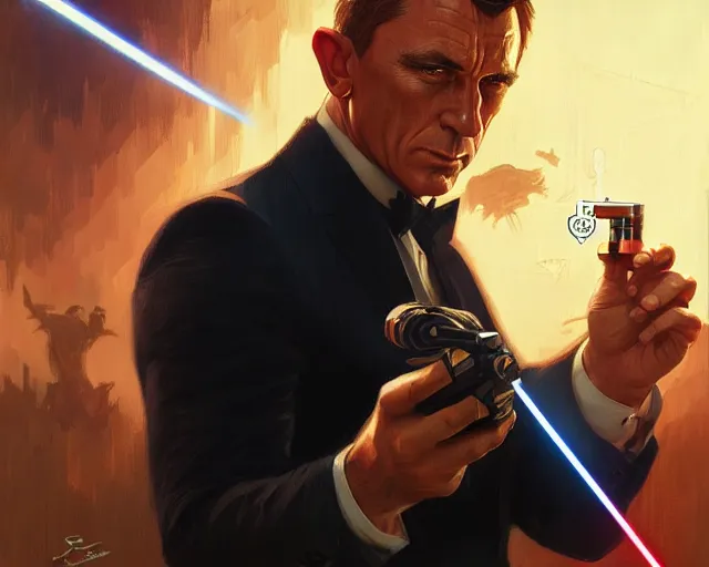 Prompt: james bond using a laser gadget, deep focus, d & d, fantasy, intricate, elegant, highly detailed, digital painting, artstation, concept art, matte, sharp focus, illustration, hearthstone, art by artgerm and greg rutkowski and alphonse mucha